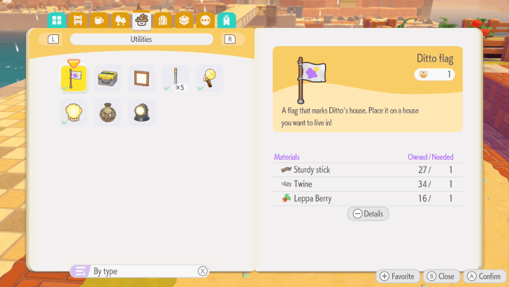 Pokemon Pokopia - Crafting a Ditto flag (screenshot)
