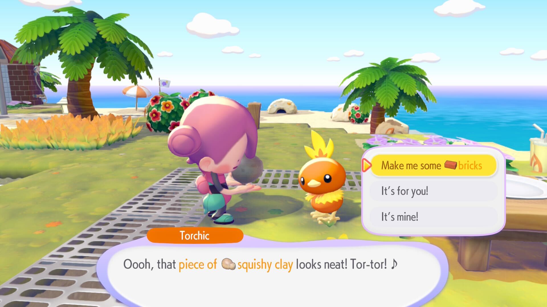 Pokemon Pokopia - giving Squishy Clay to make Bricks (screenshot)